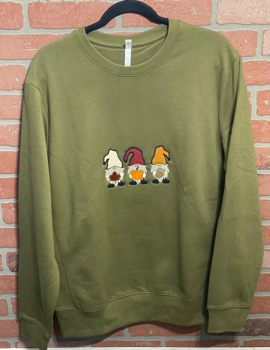 3 Embroidered Gnomes w/ Appliqué Corduroy Hats- Crewneck Sweatshirt